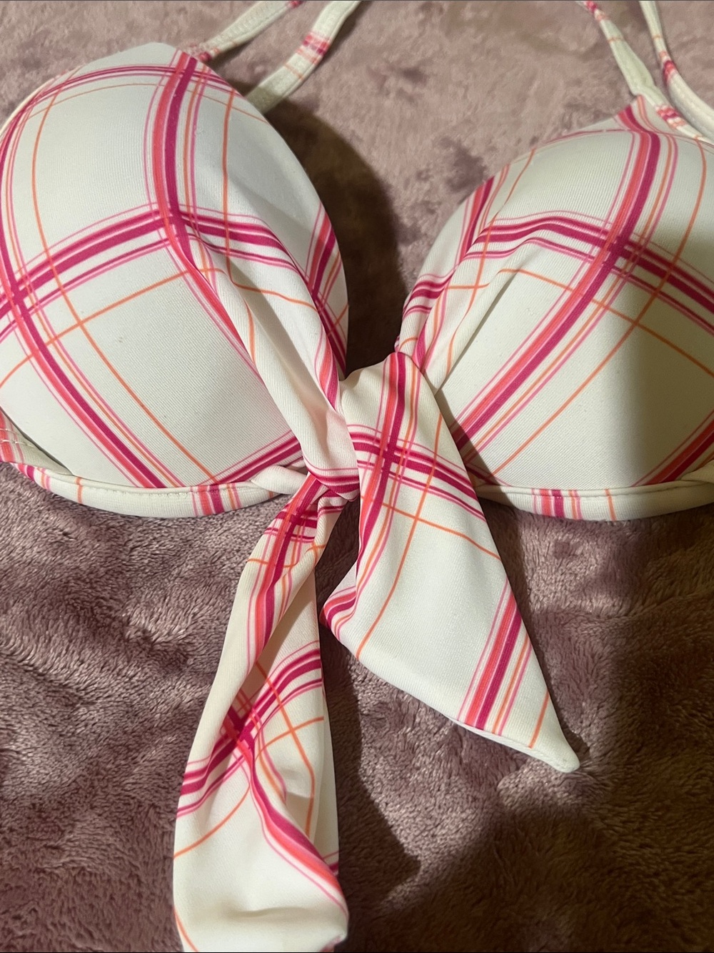 Hurley Pink and Coral Plaid Tie-Front Bikini Top - Picture 3 of 5